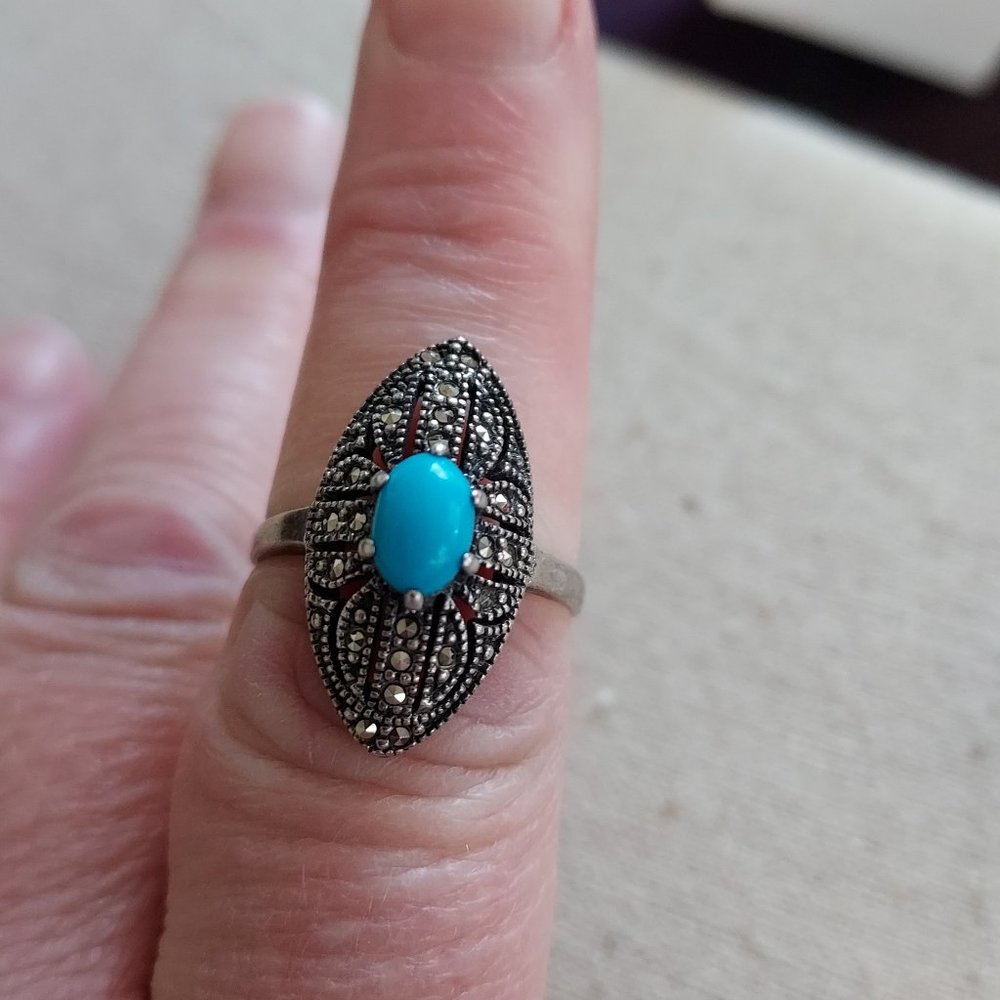 Sterling Marcasite Turquoise Art Deco Ring Size 8 Dome Marquise